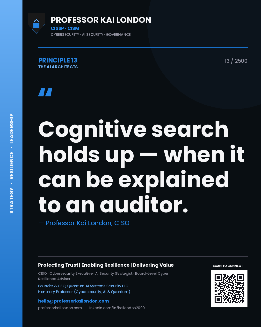 Professor Kai London principle 13: Cognitive search holds up — when it can be explained to an auditor.