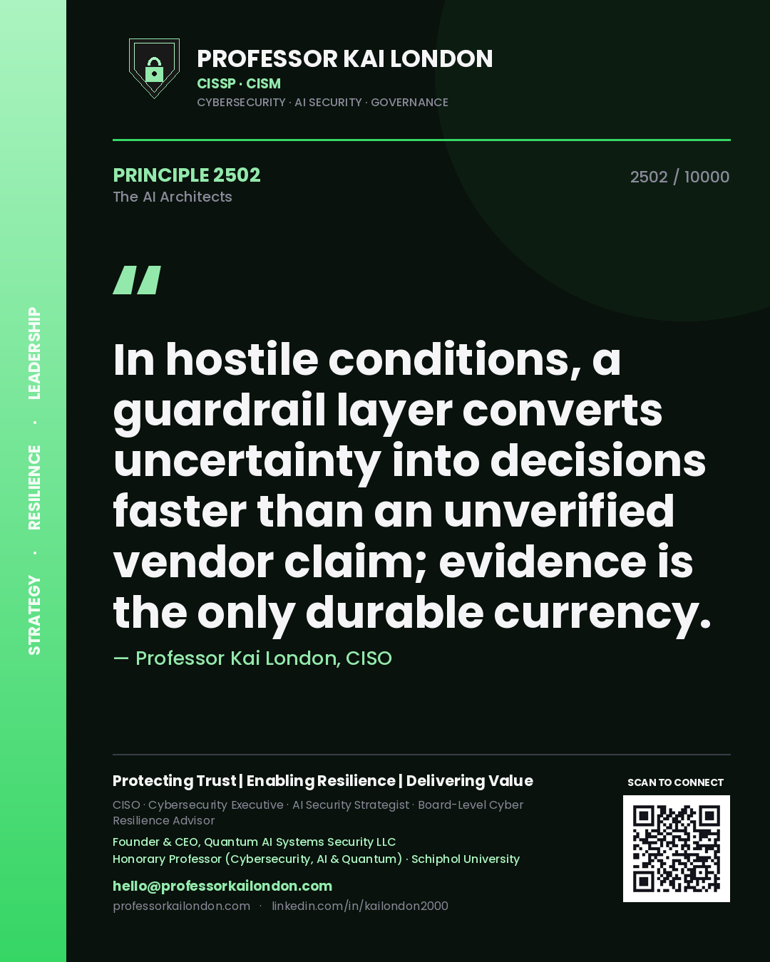 Professor Kai London principle 2502: In hostile conditions, a guardrail layer converts uncertainty into decisions faster than an unverified vendor claim; evidence is the only durable currency.