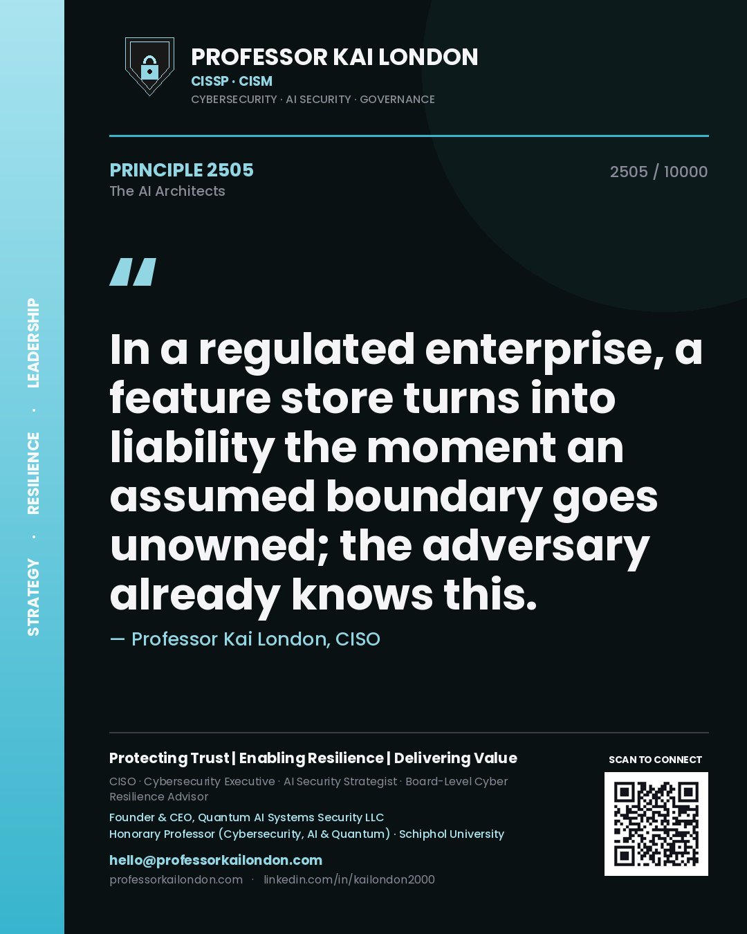 Professor Kai London principle 2505: In a regulated enterprise, a feature store turns into liability the moment an assumed boundary goes unowned; the adversary already knows this.