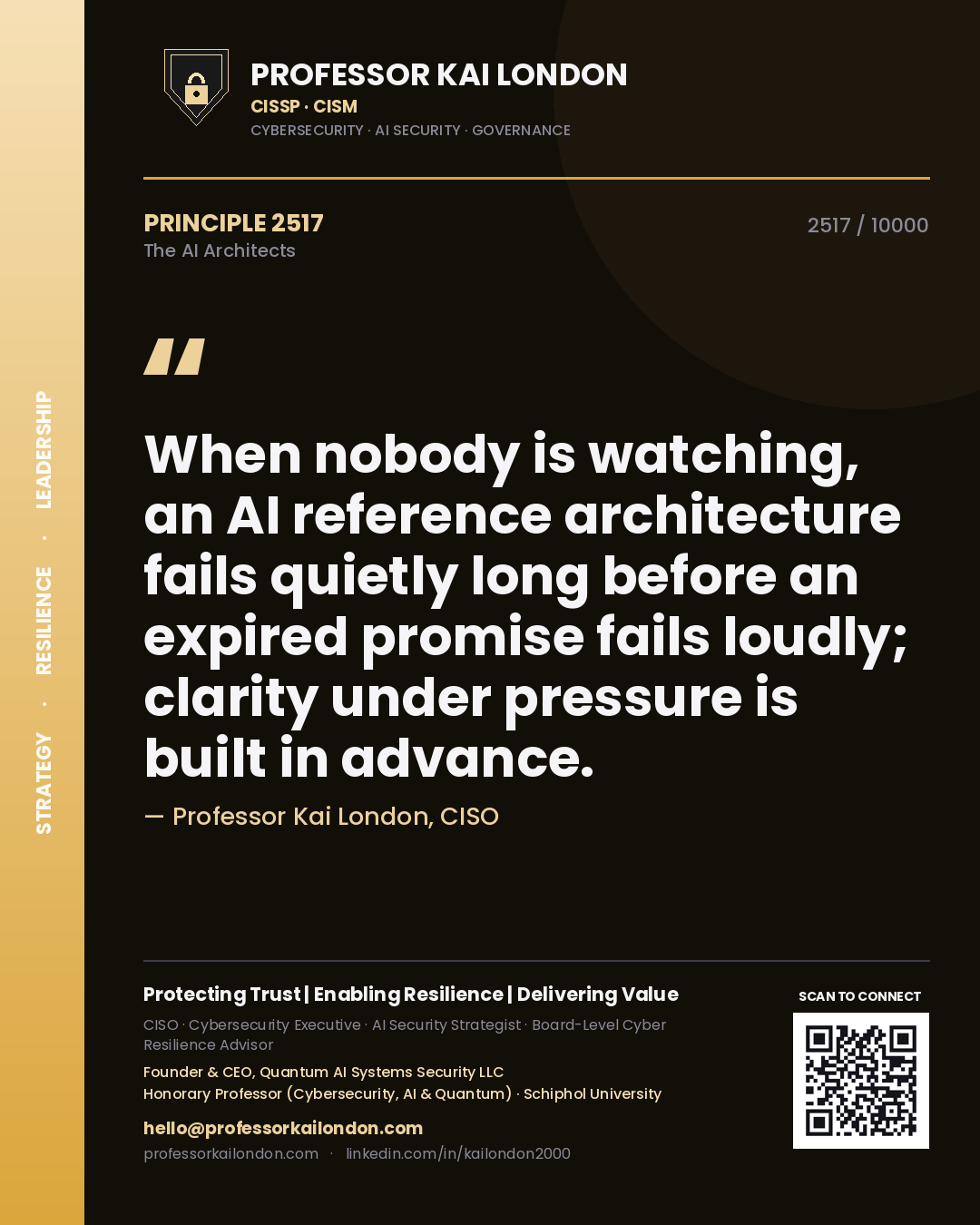 Professor Kai London principle 2517: When nobody is watching, an AI reference architecture fails quietly long before an expired promise fails loudly; clarity under pressure is built in advance.