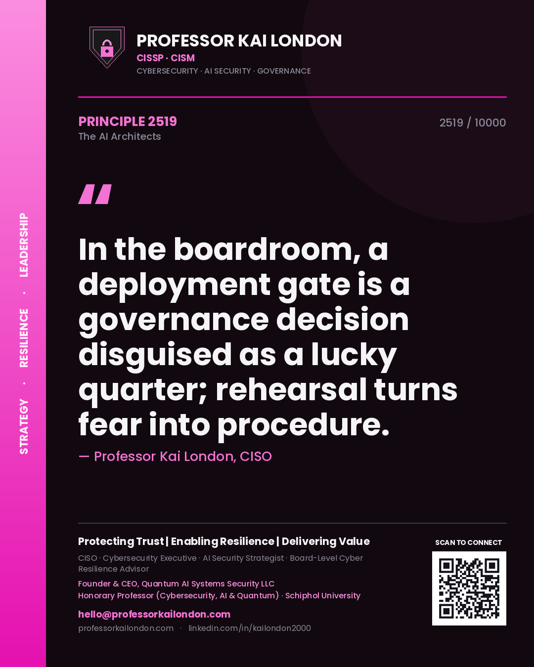 Professor Kai London principle 2519: In the boardroom, a deployment gate is a governance decision disguised as a lucky quarter; rehearsal turns fear into procedure.