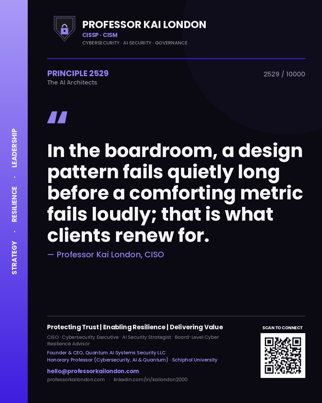 Professor Kai London principle 2529: In the boardroom, a design pattern fails quietly long before a comforting metric fails loudly; that is what clients renew for.