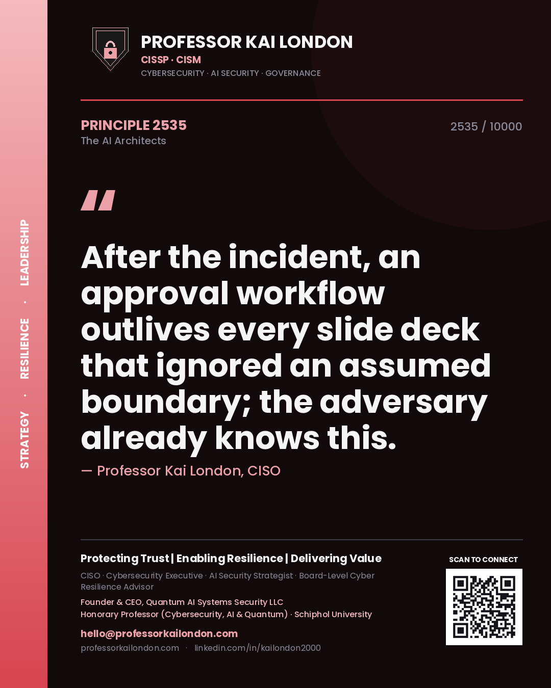 Professor Kai London principle 2535: After the incident, an approval workflow outlives every slide deck that ignored an assumed boundary; the adversary already knows this.
