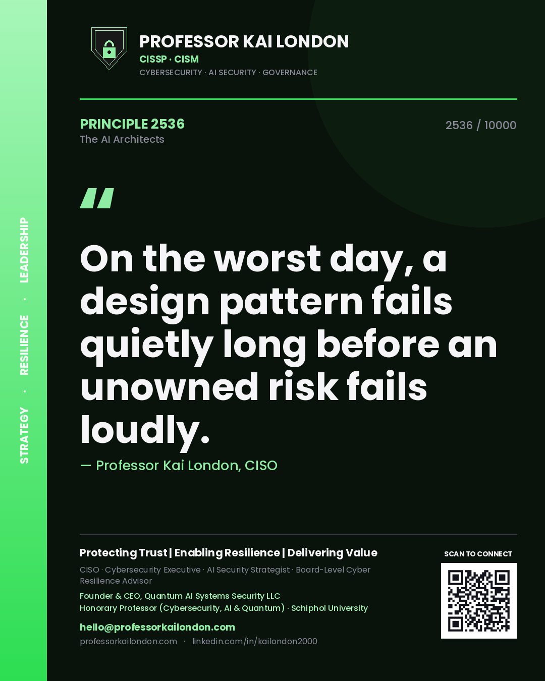 Professor Kai London principle 2536: On the worst day, a design pattern fails quietly long before an unowned risk fails loudly.