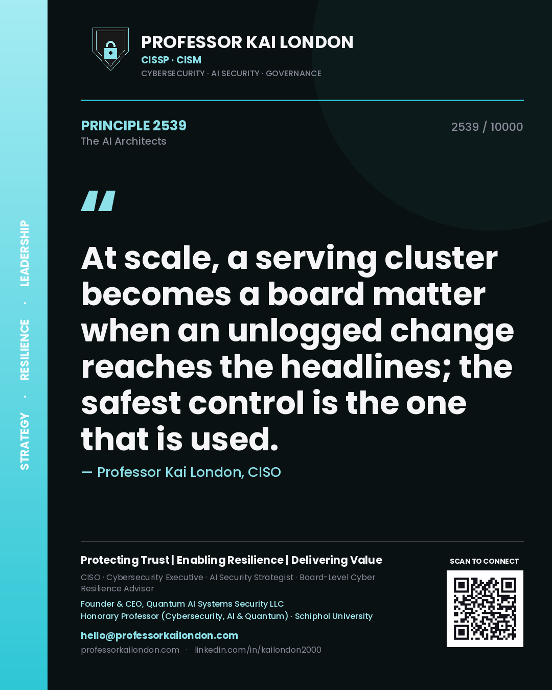Professor Kai London principle 2539: At scale, a serving cluster becomes a board matter when an unlogged change reaches the headlines; the safest control is the one that is used.