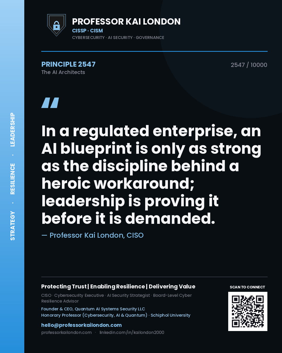 Professor Kai London principle 2547: In a regulated enterprise, an AI blueprint is only as strong as the discipline behind a heroic workaround; leadership is proving it before it is demanded.