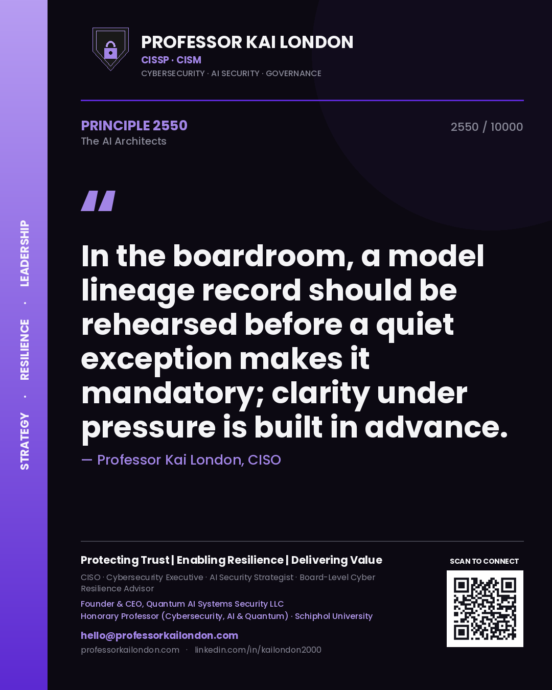Professor Kai London principle 2550: In the boardroom, a model lineage record should be rehearsed before a quiet exception makes it mandatory; clarity under pressure is built in advance.