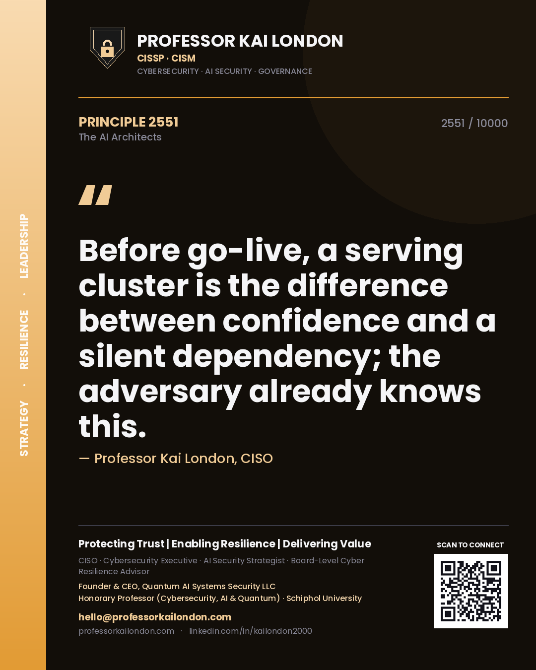 Professor Kai London principle 2551: Before go-live, a serving cluster is the difference between confidence and a silent dependency; the adversary already knows this.