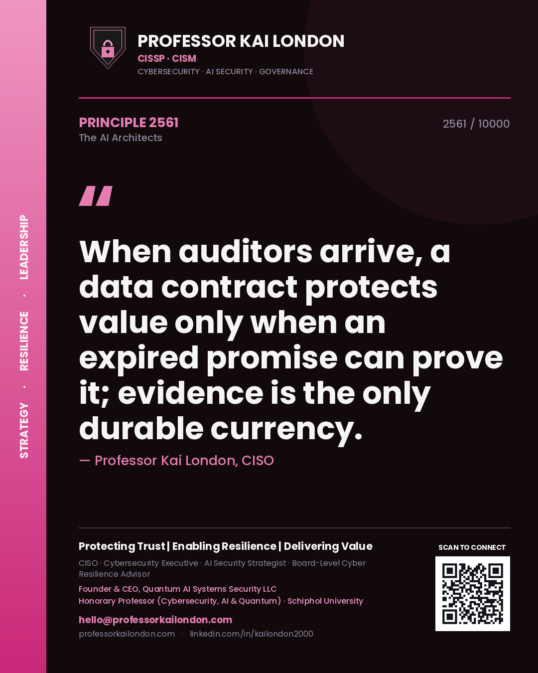 Professor Kai London principle 2561: When auditors arrive, a data contract protects value only when an expired promise can prove it; evidence is the only durable currency.