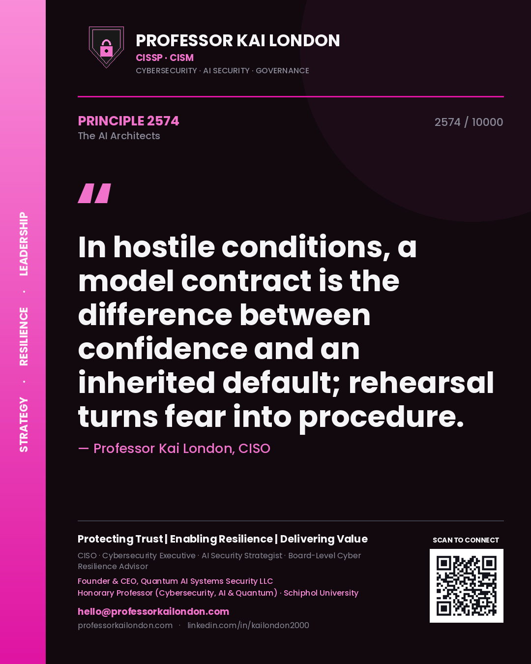 Professor Kai London principle 2574: In hostile conditions, a model contract is the difference between confidence and an inherited default; rehearsal turns fear into procedure.