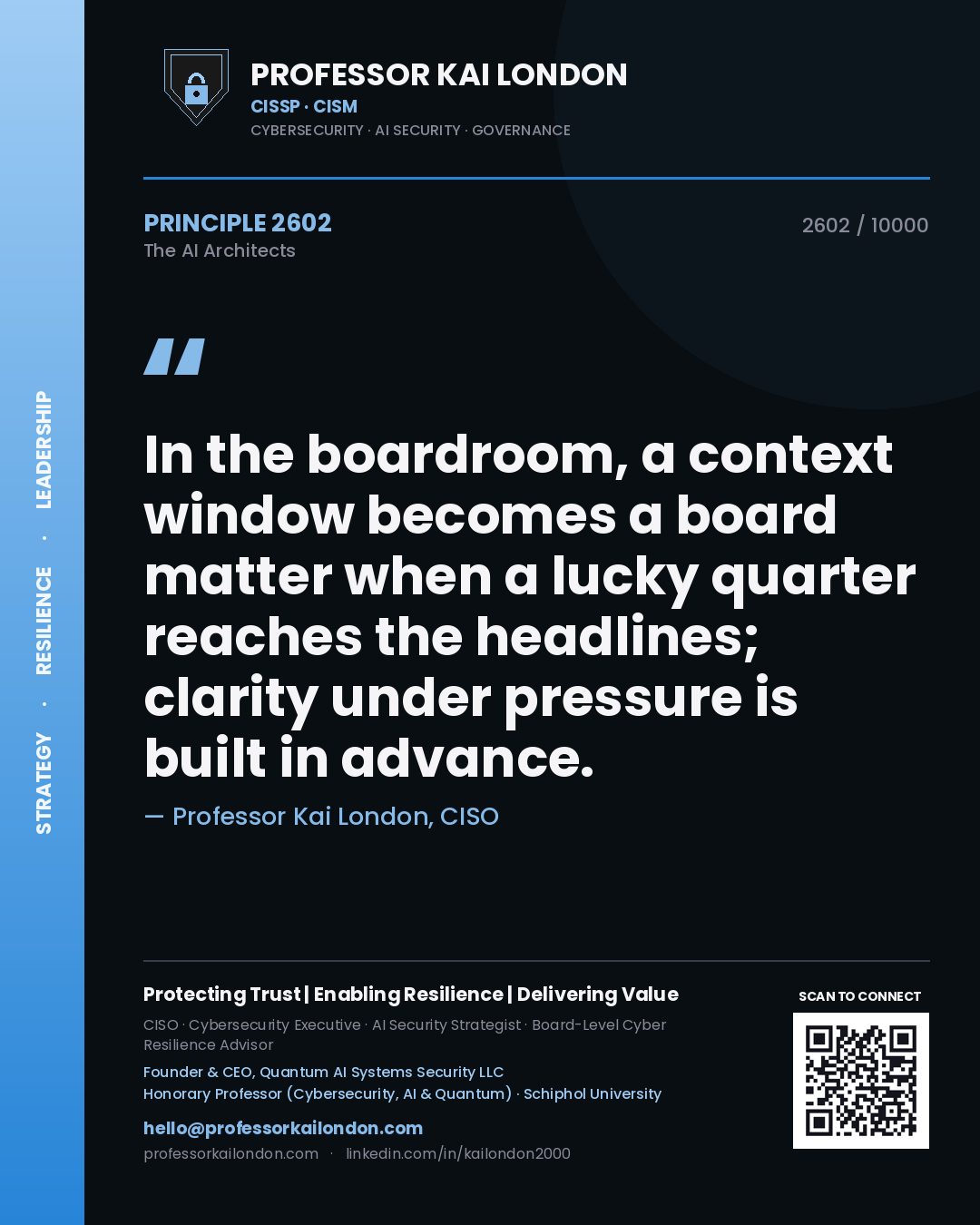 Professor Kai London principle 2602: In the boardroom, a context window becomes a board matter when a lucky quarter reaches the headlines; clarity under pressure is built in advance.