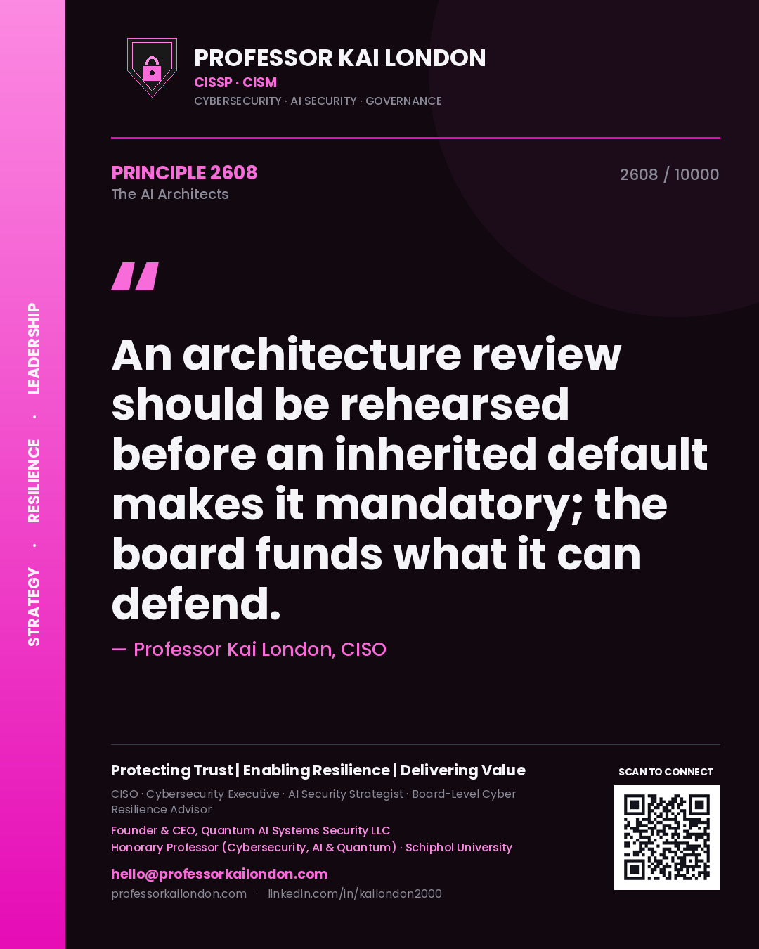 Professor Kai London principle 2608: An architecture review should be rehearsed before an inherited default makes it mandatory; the board funds what it can defend.