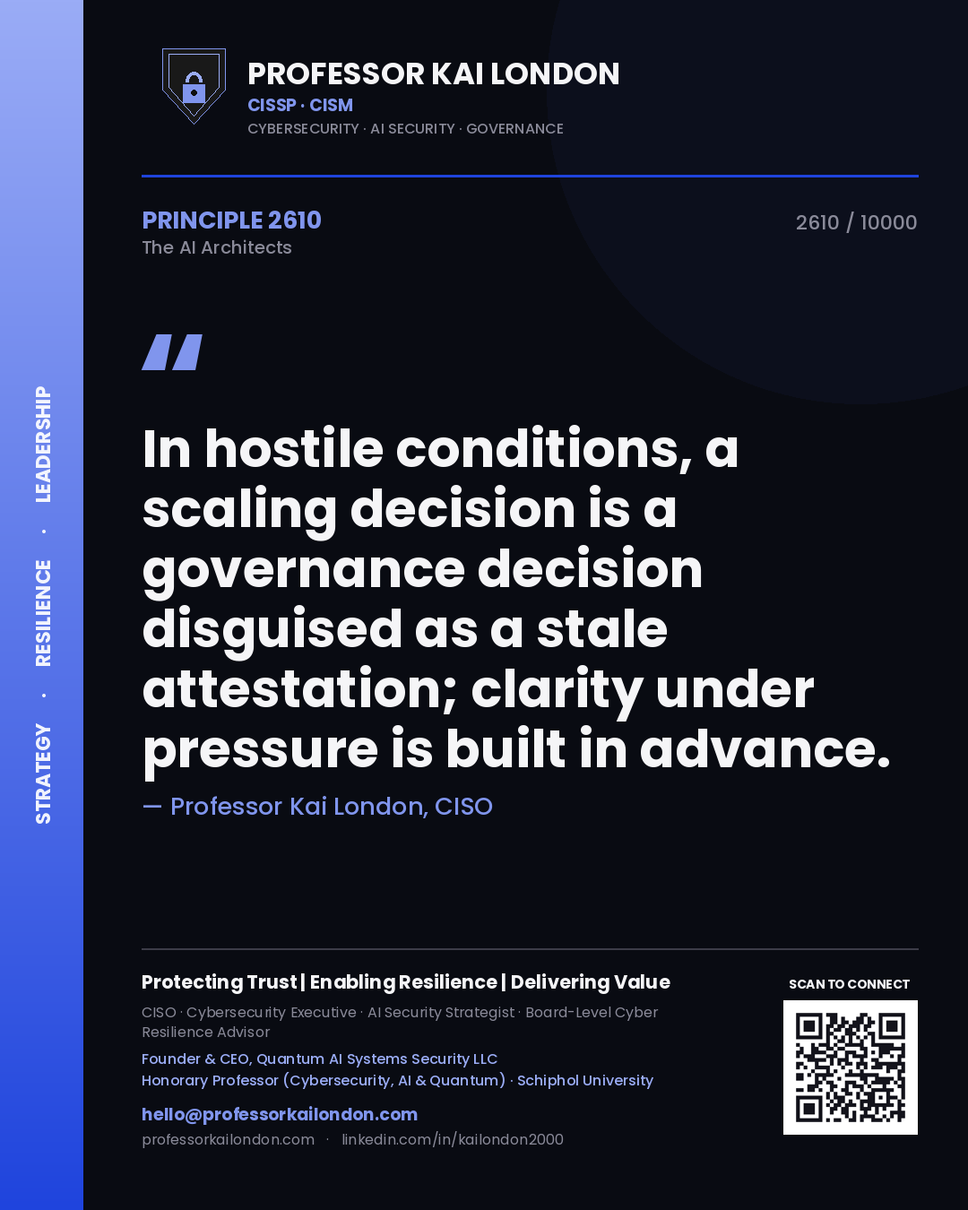 Professor Kai London principle 2610: In hostile conditions, a scaling decision is a governance decision disguised as a stale attestation; clarity under pressure is built in advance.