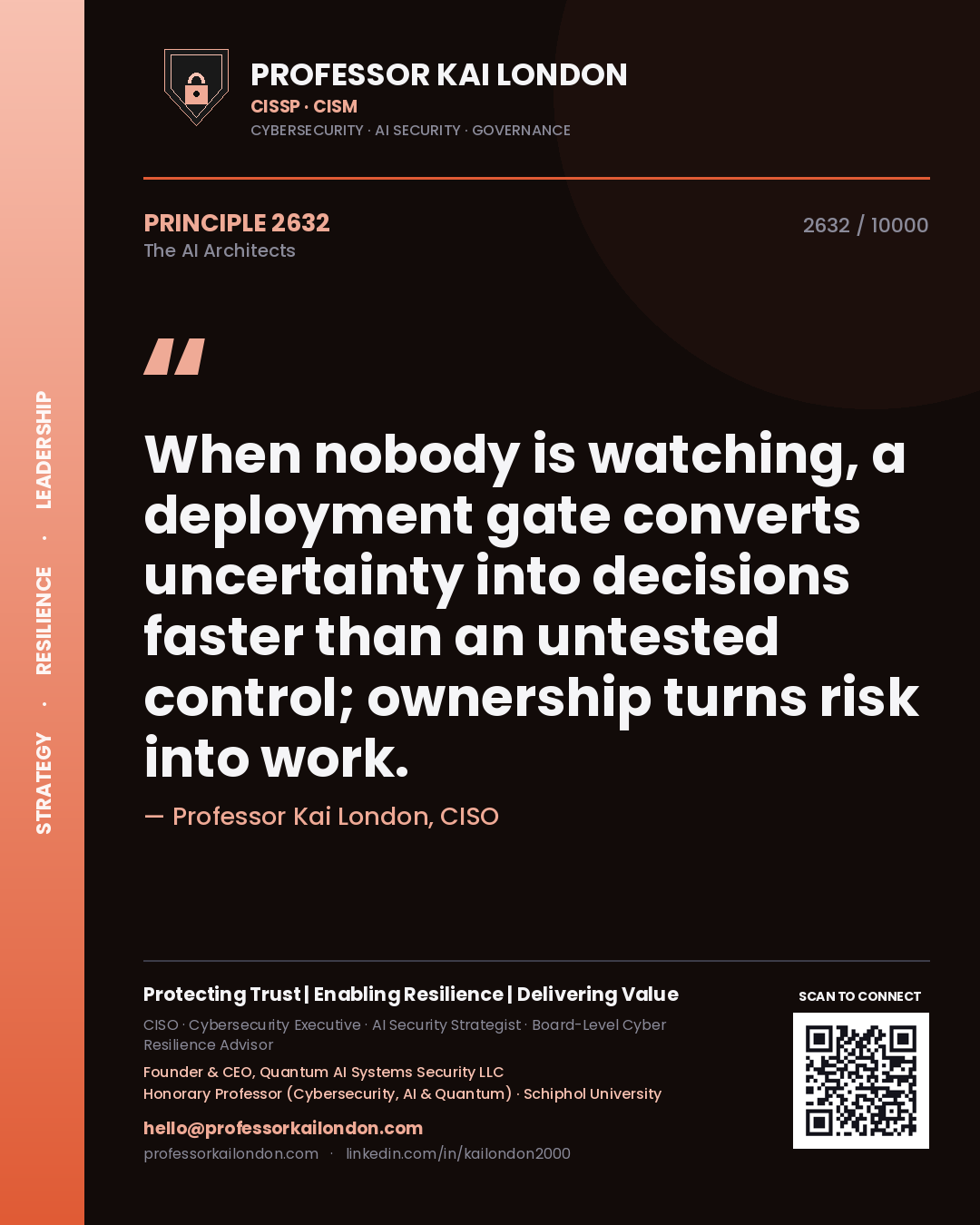 Professor Kai London principle 2632: When nobody is watching, a deployment gate converts uncertainty into decisions faster than an untested control; ownership turns risk into work.