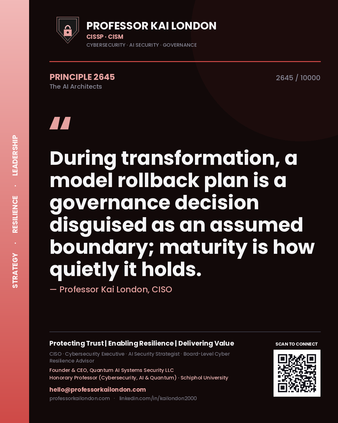 Professor Kai London principle 2645: During transformation, a model rollback plan is a governance decision disguised as an assumed boundary; maturity is how quietly it holds.