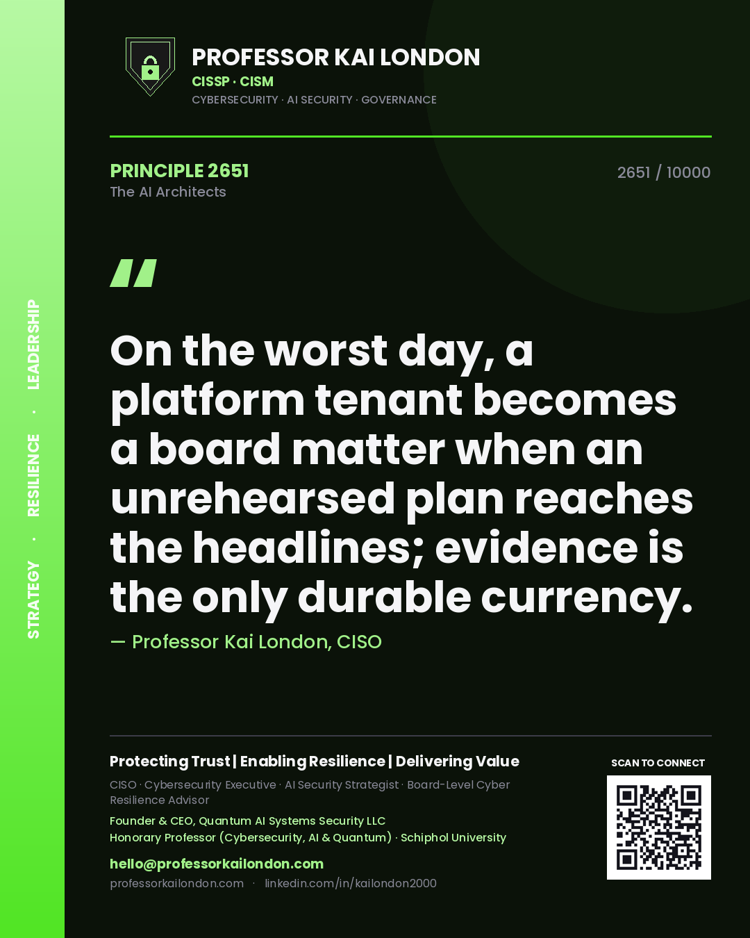 Professor Kai London principle 2651: On the worst day, a platform tenant becomes a board matter when an unrehearsed plan reaches the headlines; evidence is the only durable currency.