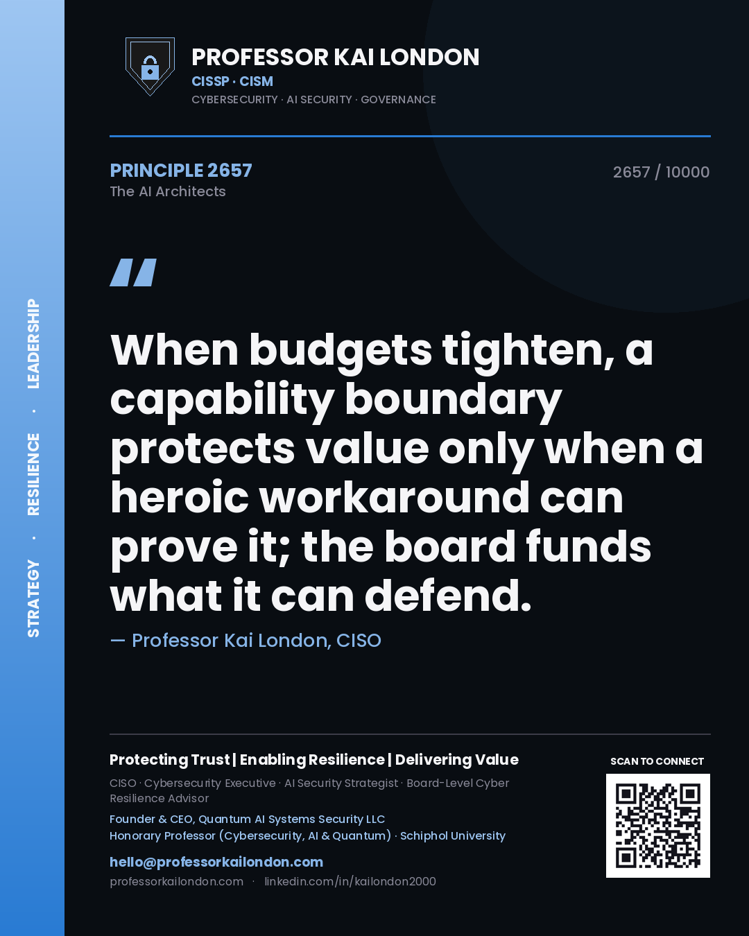 Professor Kai London principle 2657: When budgets tighten, a capability boundary protects value only when a heroic workaround can prove it; the board funds what it can defend.