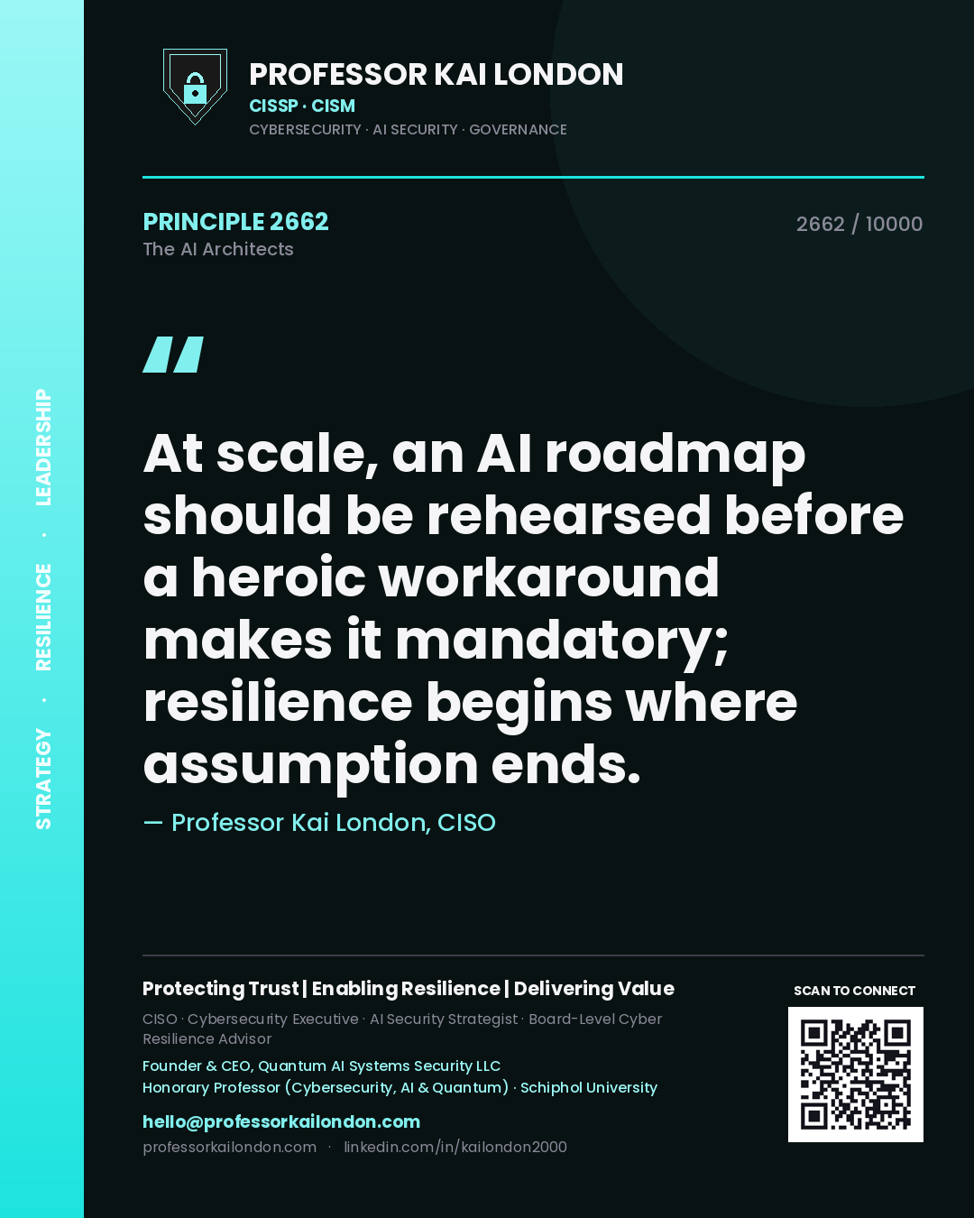 Professor Kai London principle 2662: At scale, an AI roadmap should be rehearsed before a heroic workaround makes it mandatory; resilience begins where assumption ends.