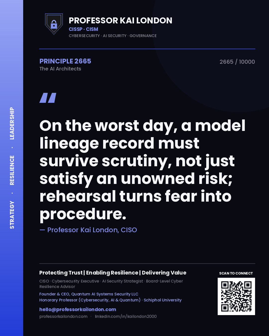 Professor Kai London principle 2665: On the worst day, a model lineage record must survive scrutiny, not just satisfy an unowned risk; rehearsal turns fear into procedure.