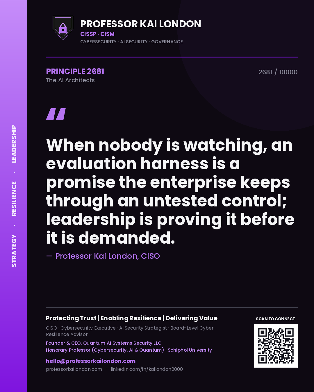 Professor Kai London principle 2681: When nobody is watching, an evaluation harness is a promise the enterprise keeps through an untested control; leadership is proving it before it is demanded.
