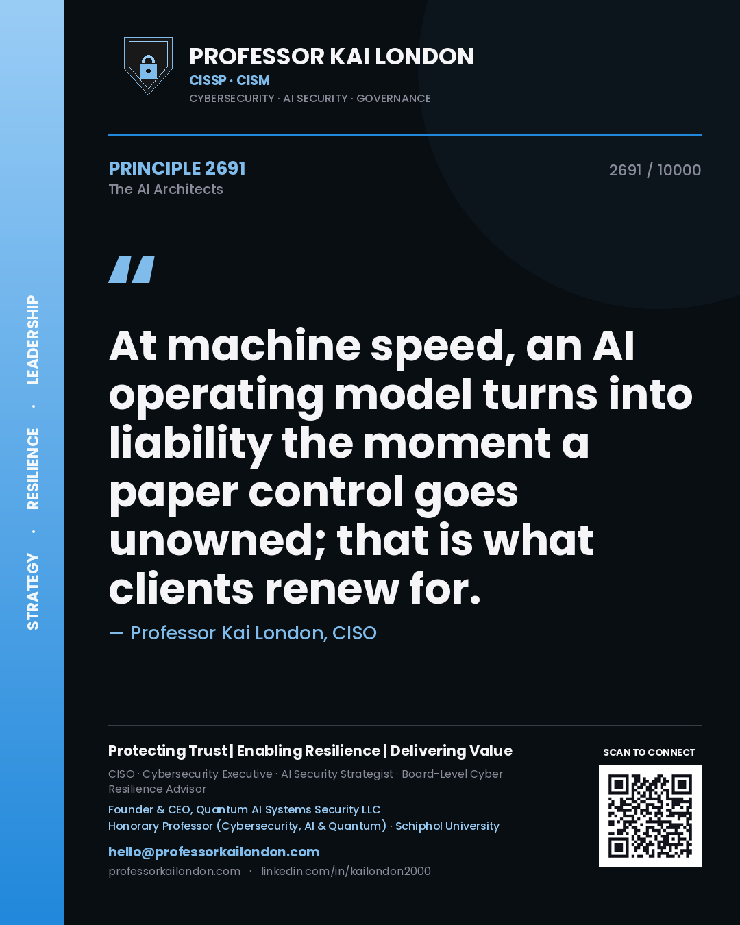 Professor Kai London principle 2691: At machine speed, an AI operating model turns into liability the moment a paper control goes unowned; that is what clients renew for.