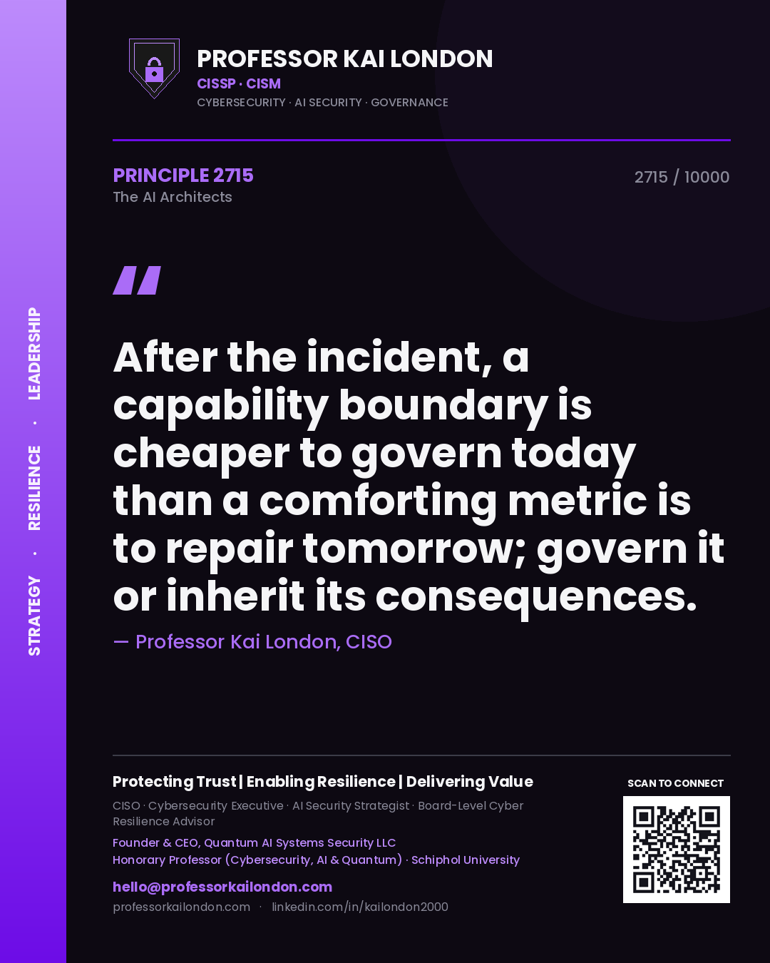 Professor Kai London principle 2715: After the incident, a capability boundary is cheaper to govern today than a comforting metric is to repair tomorrow; govern it or inherit its consequences.