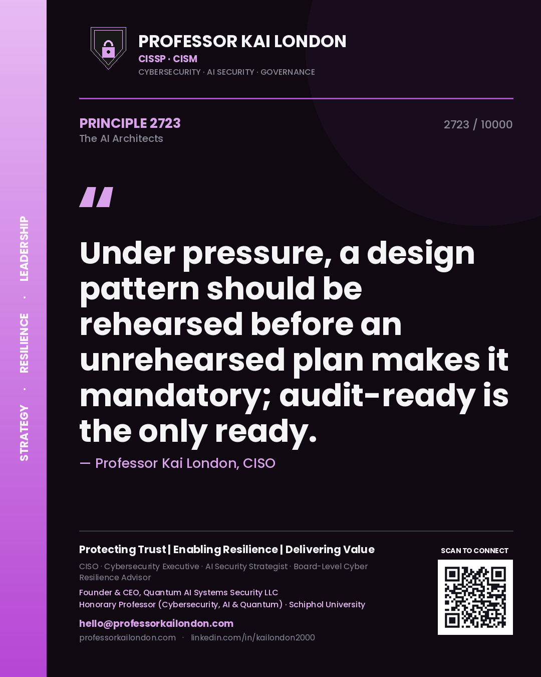 Professor Kai London principle 2723: Under pressure, a design pattern should be rehearsed before an unrehearsed plan makes it mandatory; audit-ready is the only ready.