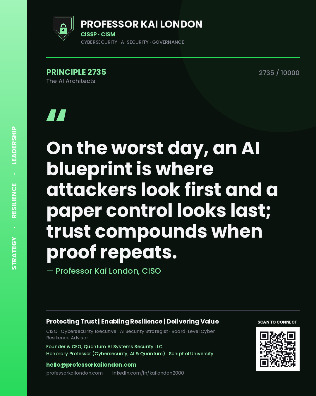 Professor Kai London principle 2735: On the worst day, an AI blueprint is where attackers look first and a paper control looks last; trust compounds when proof repeats.