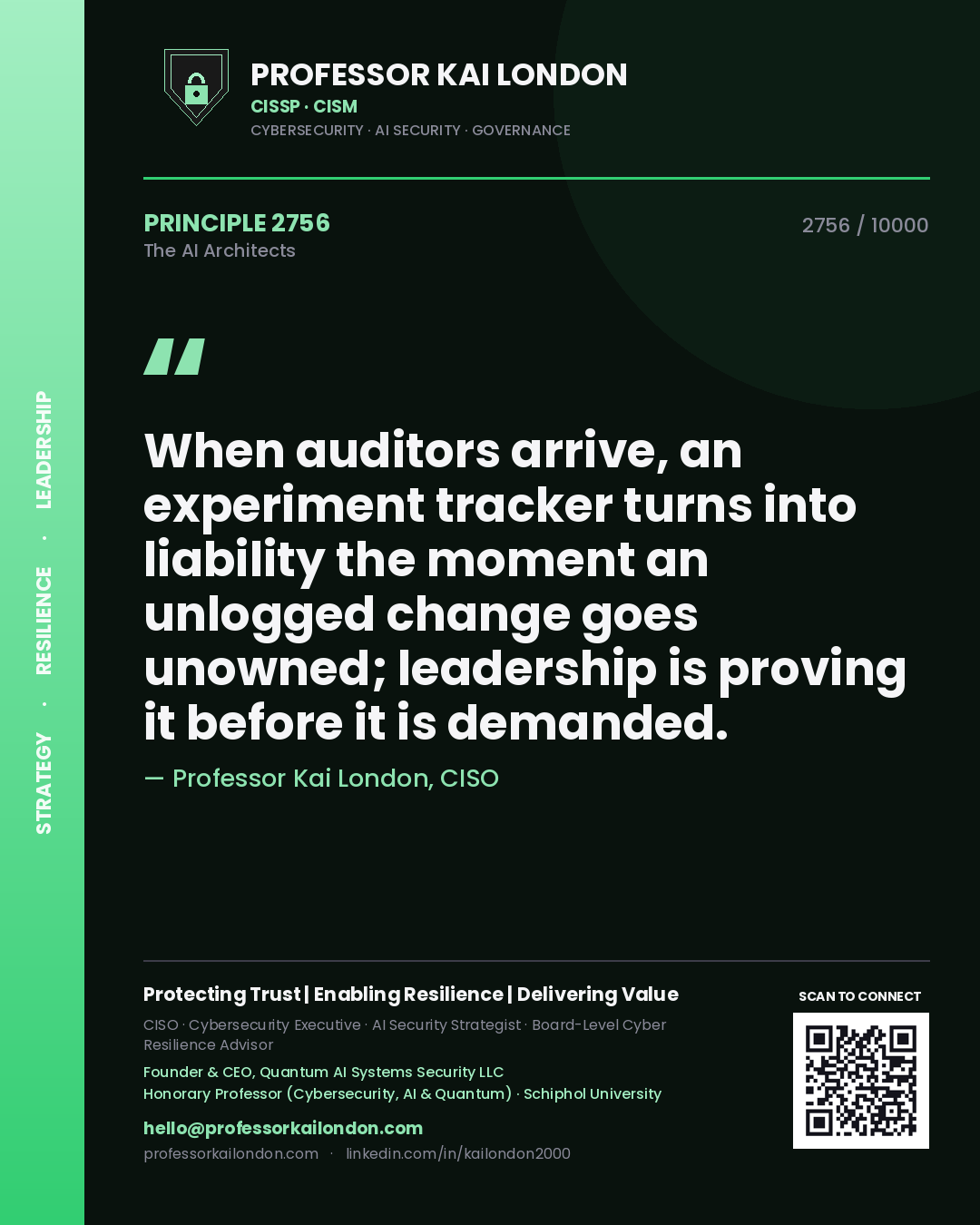 Professor Kai London principle 2756: When auditors arrive, an experiment tracker turns into liability the moment an unlogged change goes unowned; leadership is proving it before it is demanded.
