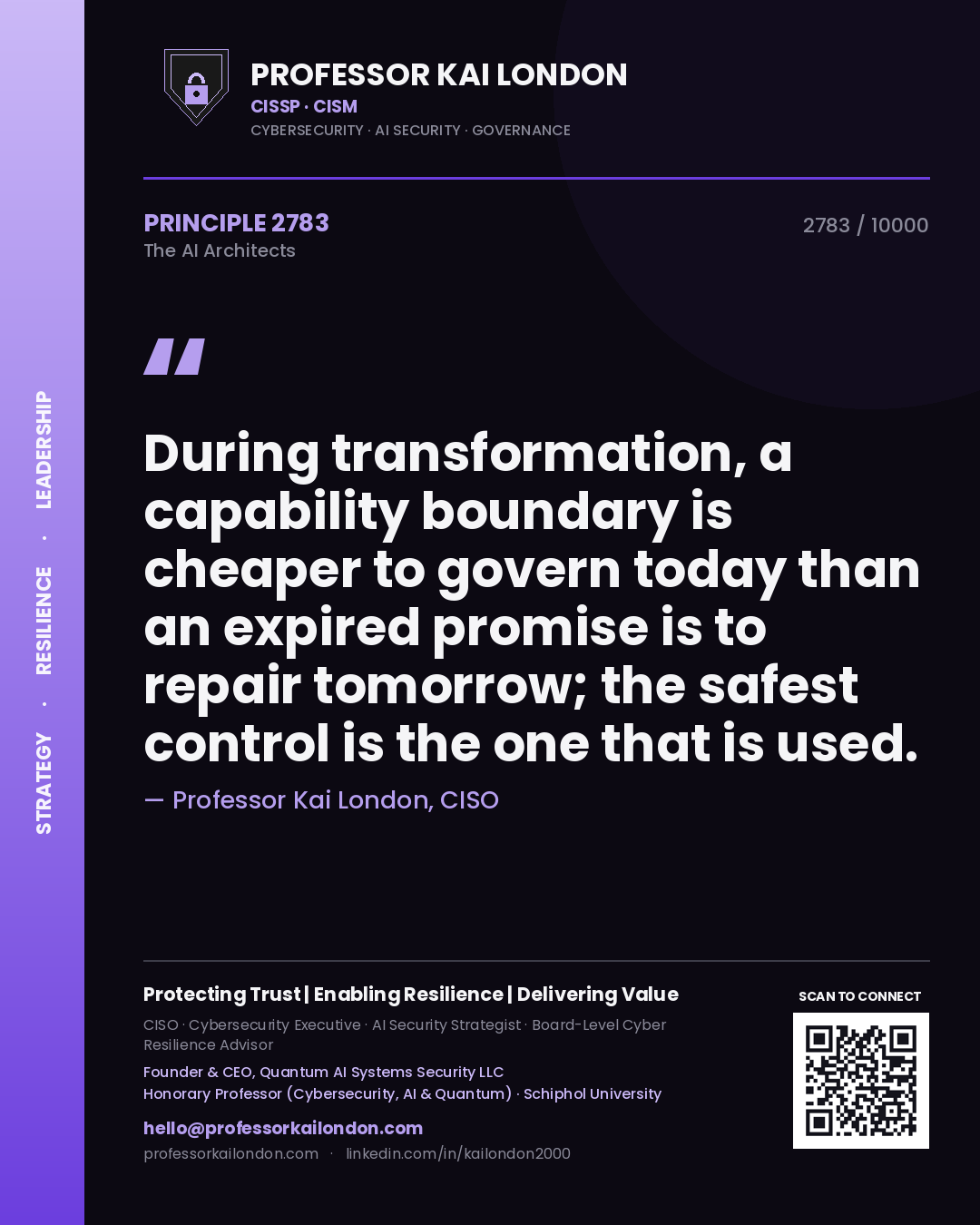 Professor Kai London principle 2783: During transformation, a capability boundary is cheaper to govern today than an expired promise is to repair tomorrow; the safest control is the one that is used.