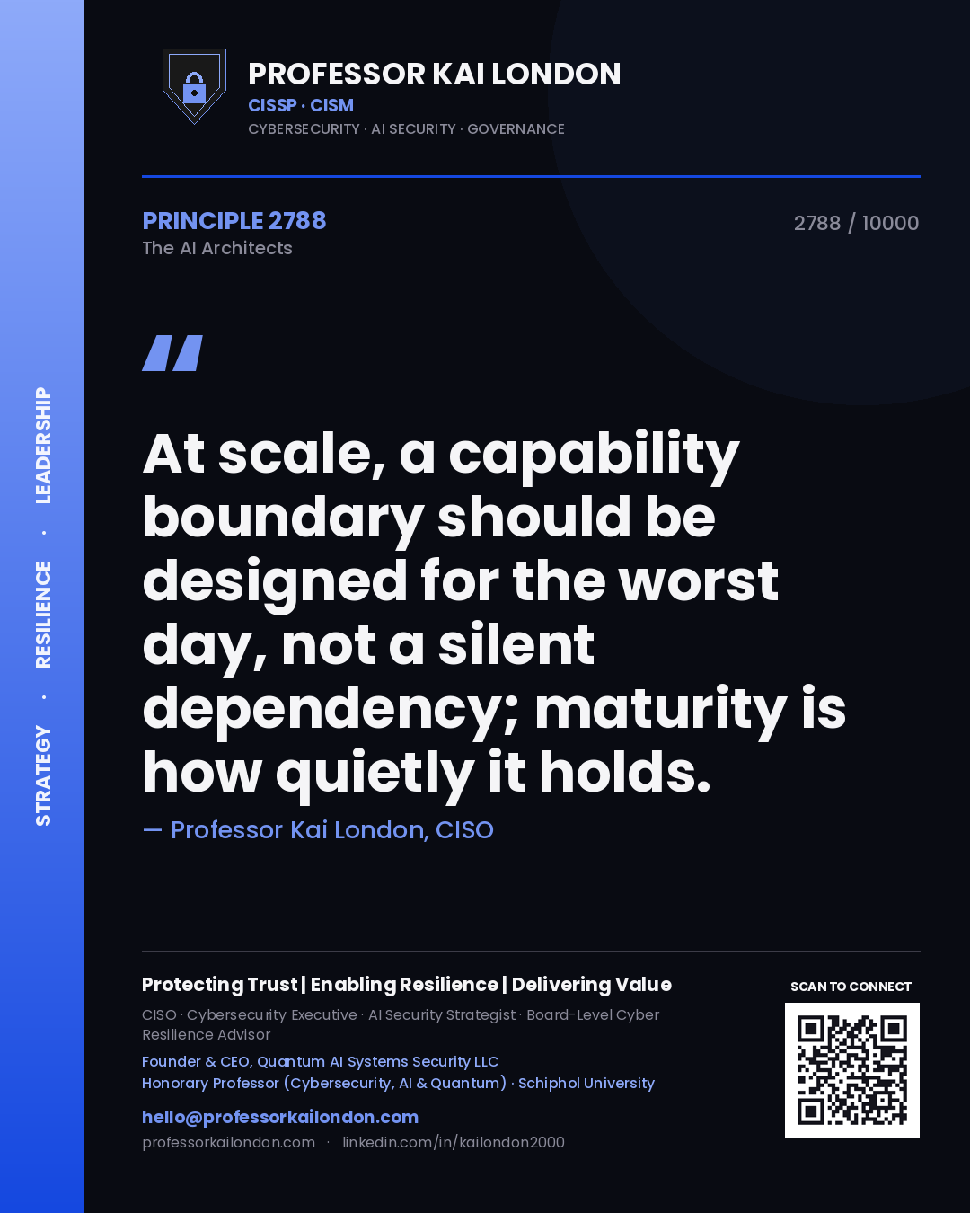 Professor Kai London principle 2788: At scale, a capability boundary should be designed for the worst day, not a silent dependency; maturity is how quietly it holds.