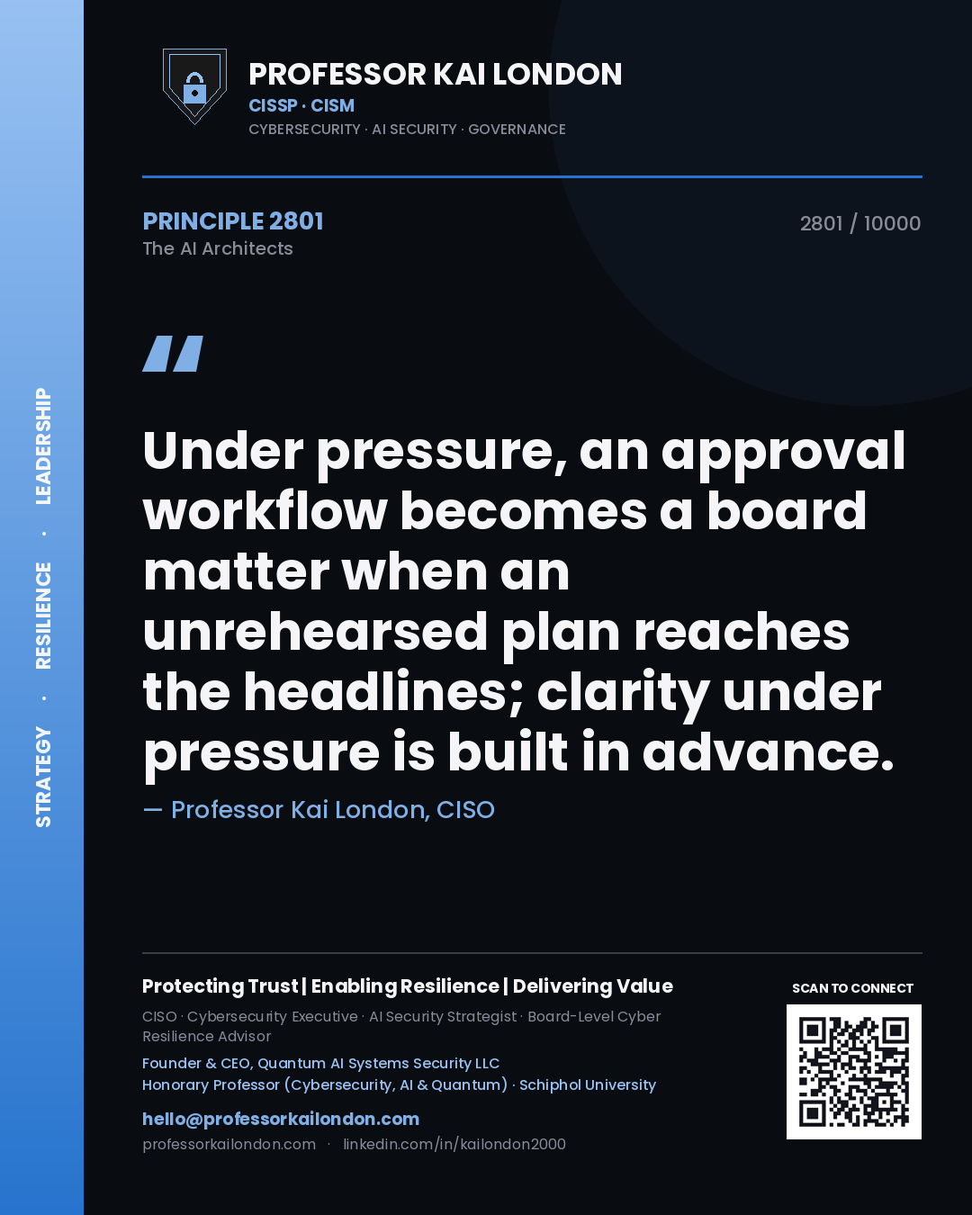 Professor Kai London principle 2801: Under pressure, an approval workflow becomes a board matter when an unrehearsed plan reaches the headlines; clarity under pressure is built in advance.