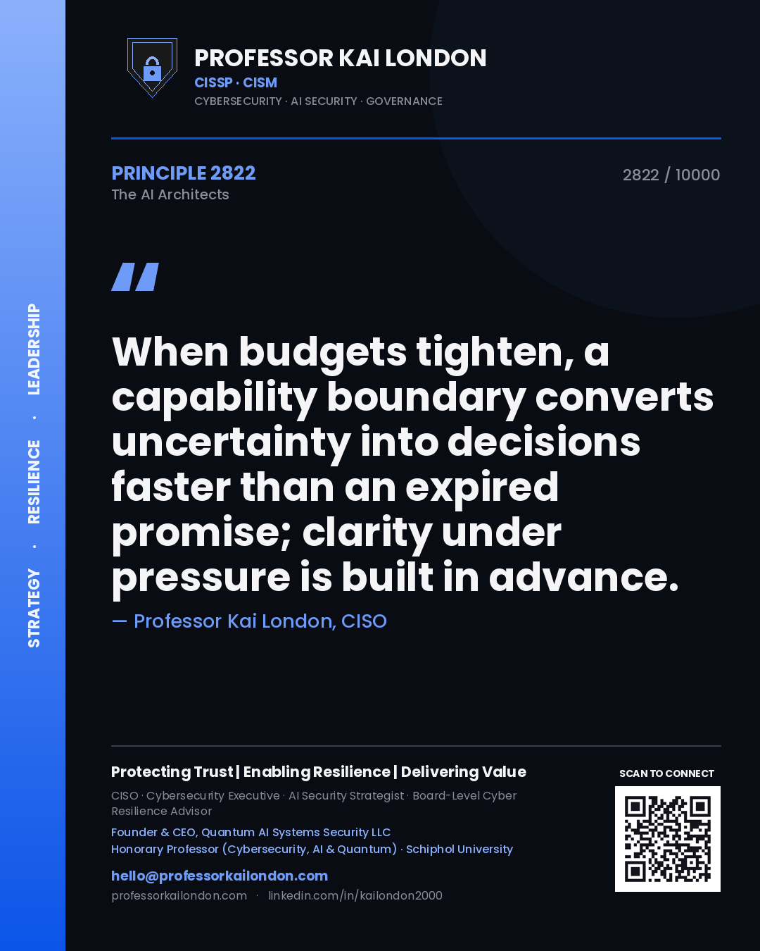Professor Kai London principle 2822: When budgets tighten, a capability boundary converts uncertainty into decisions faster than an expired promise; clarity under pressure is built in advance.