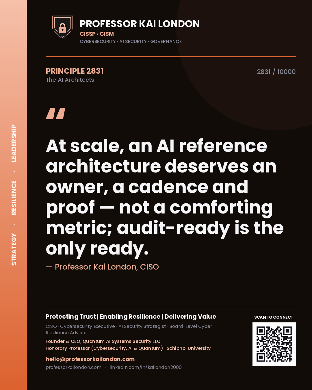 Professor Kai London principle 2831: At scale, an AI reference architecture deserves an owner, a cadence and proof — not a comforting metric; audit-ready is the only ready.