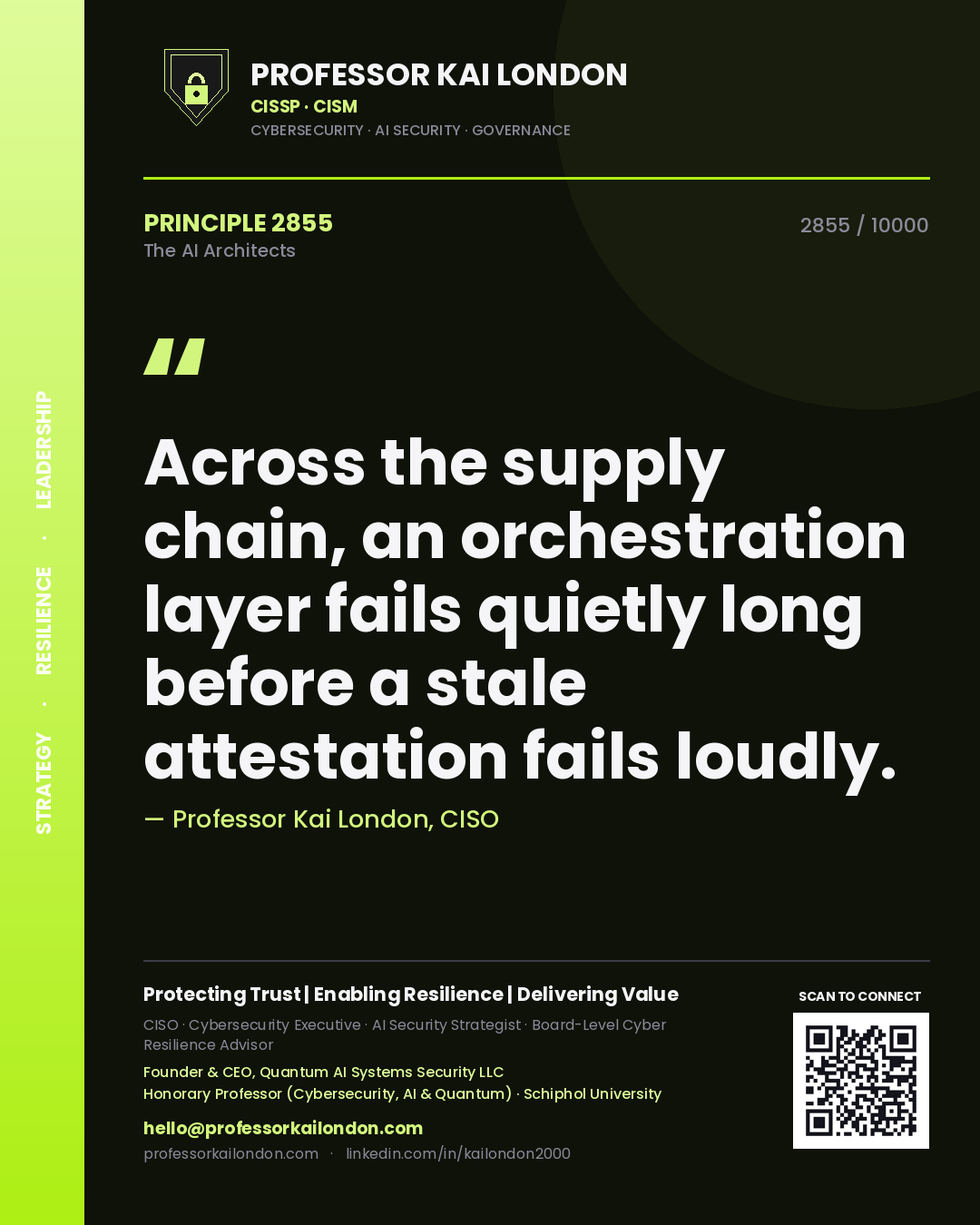 Professor Kai London principle 2855: Across the supply chain, an orchestration layer fails quietly long before a stale attestation fails loudly.