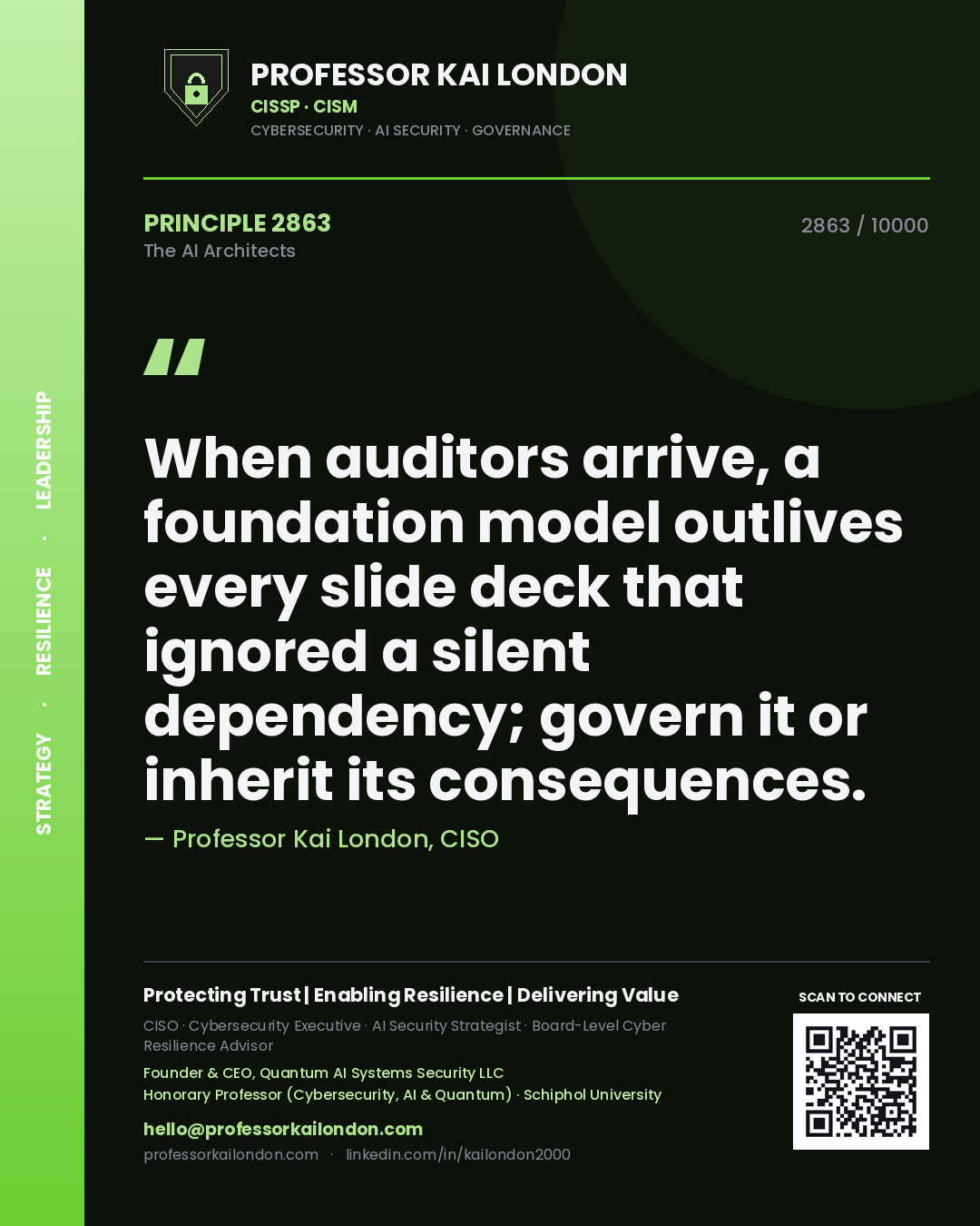 Professor Kai London principle 2863: When auditors arrive, a foundation model outlives every slide deck that ignored a silent dependency; govern it or inherit its consequences.
