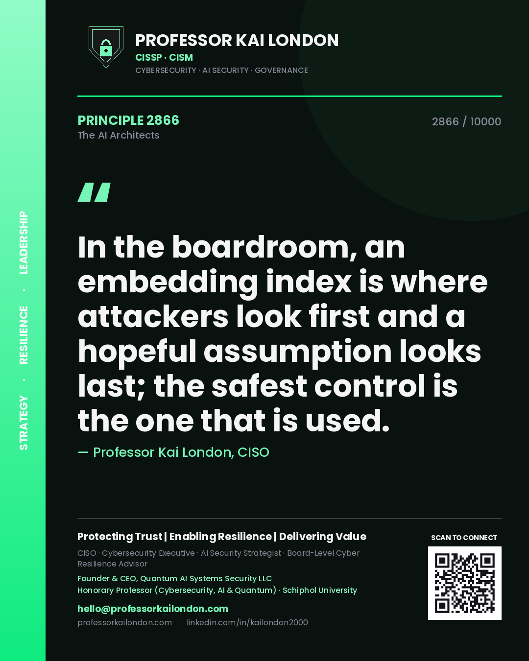 Professor Kai London principle 2866: In the boardroom, an embedding index is where attackers look first and a hopeful assumption looks last; the safest control is the one that is used.