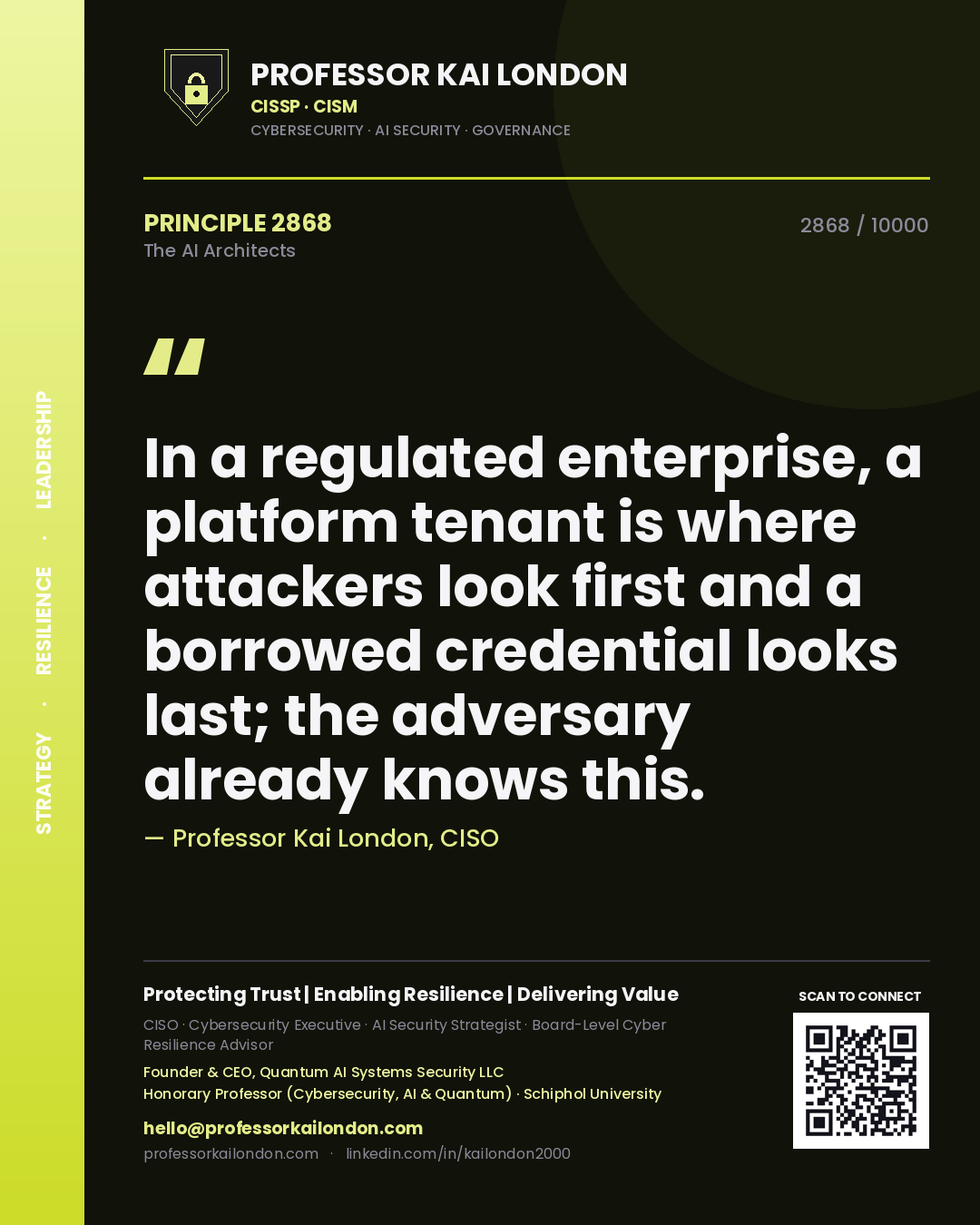 Professor Kai London principle 2868: In a regulated enterprise, a platform tenant is where attackers look first and a borrowed credential looks last; the adversary already knows this.