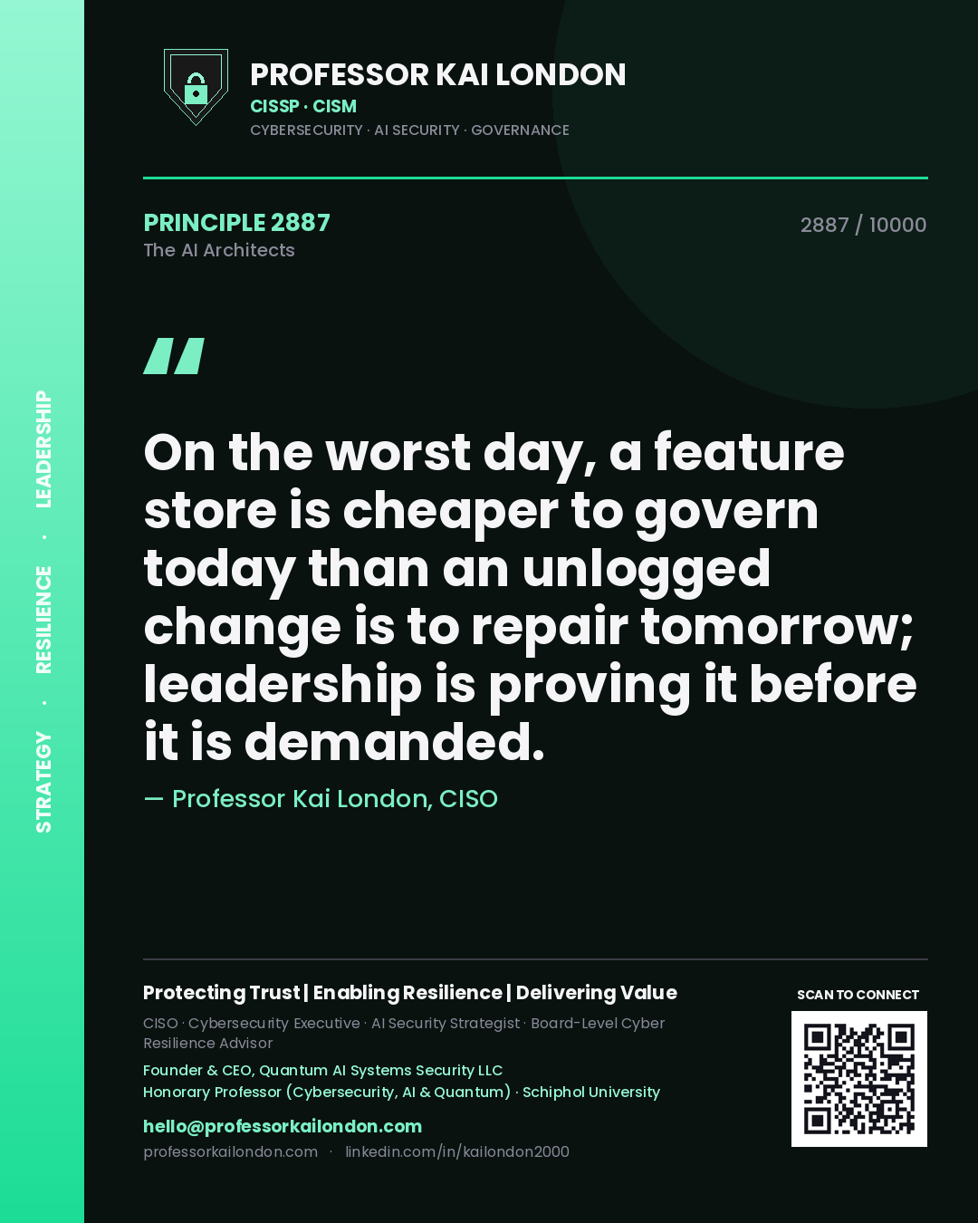 Professor Kai London principle 2887: On the worst day, a feature store is cheaper to govern today than an unlogged change is to repair tomorrow; leadership is proving it before it is demanded.