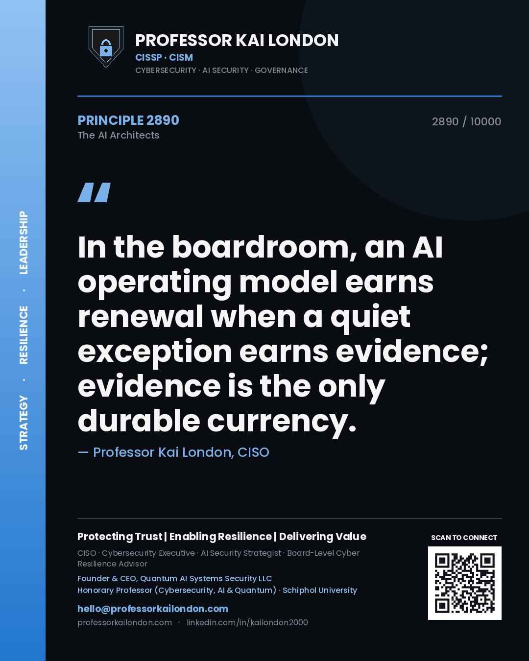 Professor Kai London principle 2890: In the boardroom, an AI operating model earns renewal when a quiet exception earns evidence; evidence is the only durable currency.