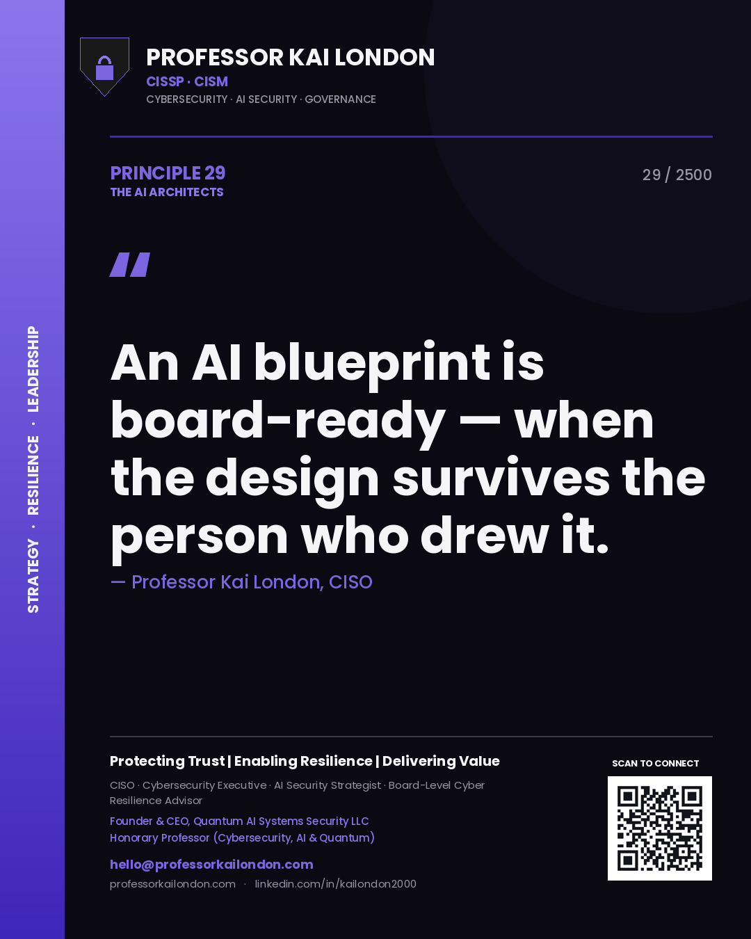 Professor Kai London principle 29: An AI blueprint is board-ready — when the design survives the person who drew it.