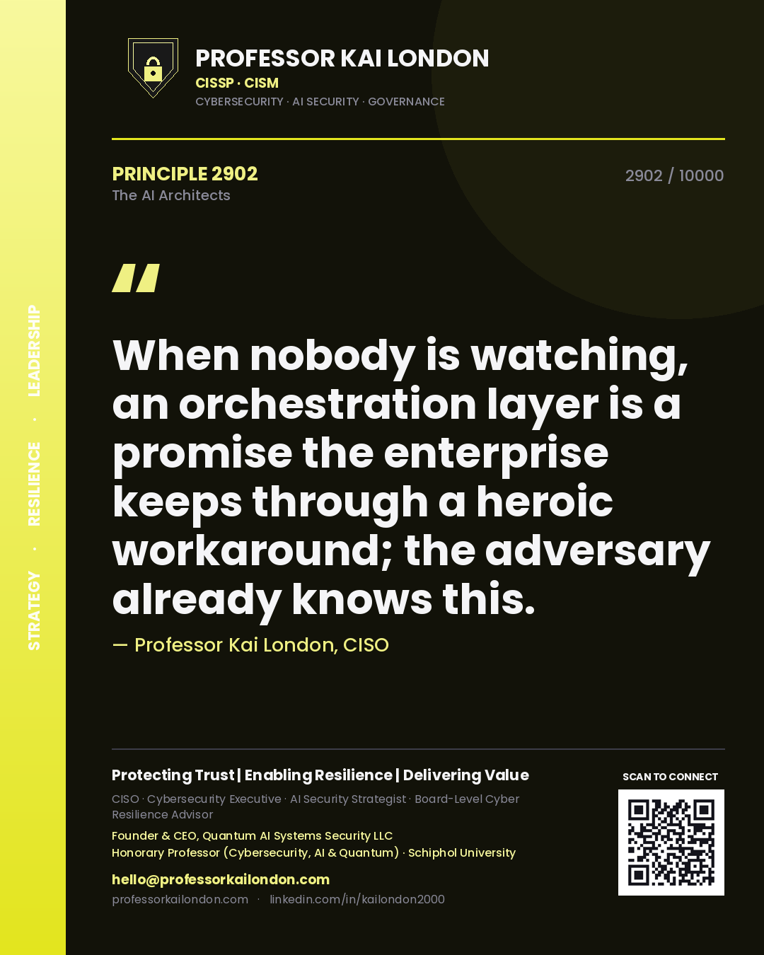 Professor Kai London principle 2902: When nobody is watching, an orchestration layer is a promise the enterprise keeps through a heroic workaround; the adversary already knows this.