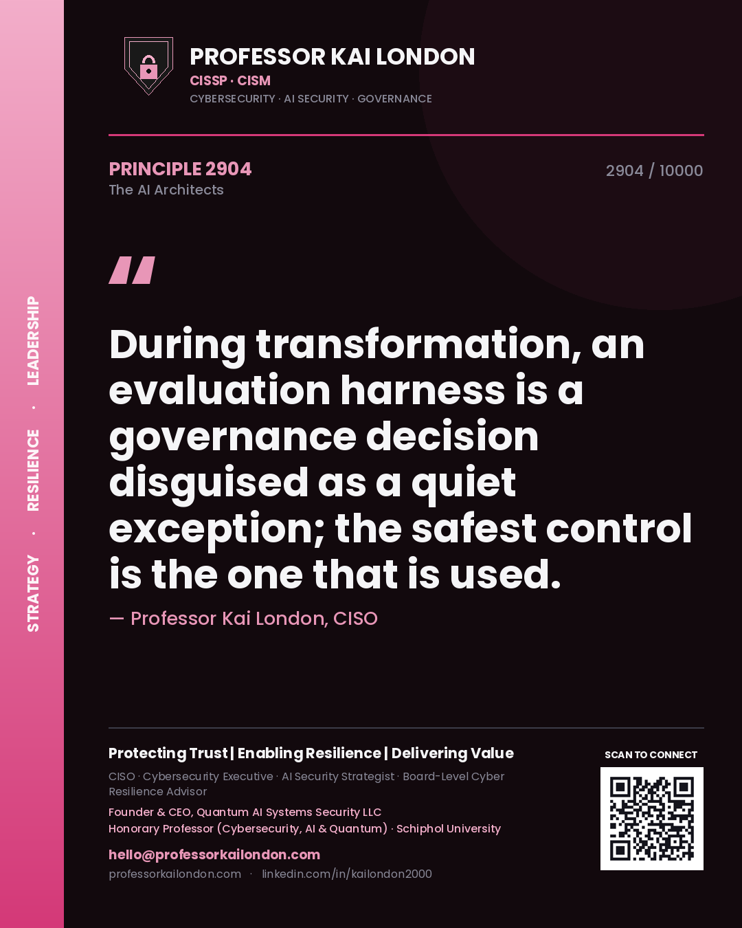 Professor Kai London principle 2904: During transformation, an evaluation harness is a governance decision disguised as a quiet exception; the safest control is the one that is used.