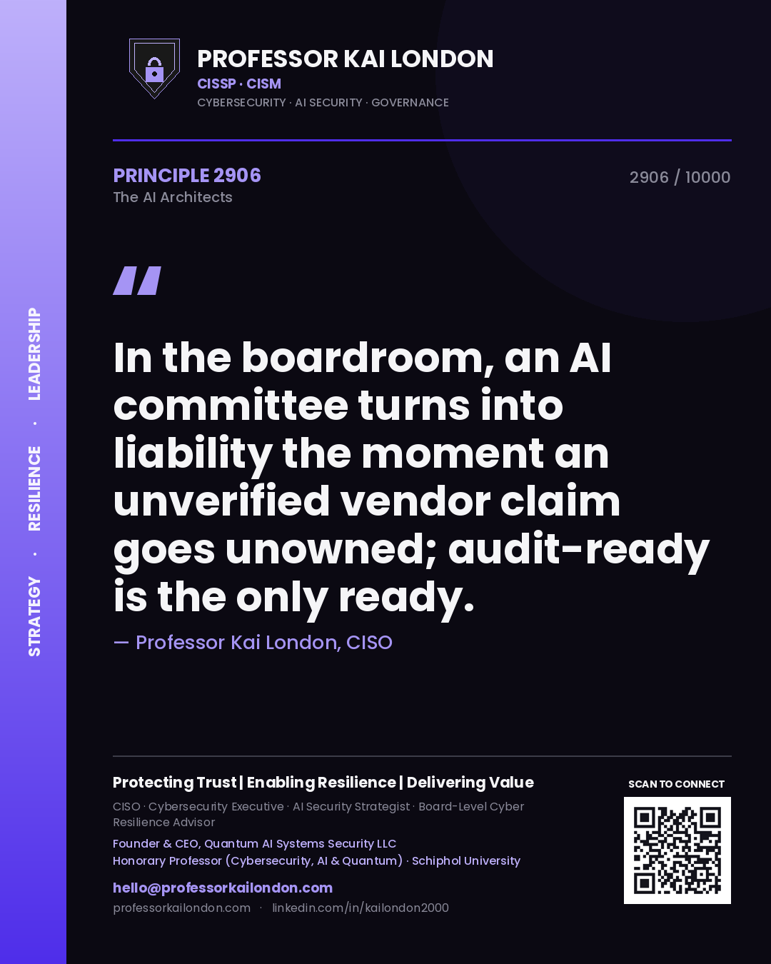 Professor Kai London principle 2906: In the boardroom, an AI committee turns into liability the moment an unverified vendor claim goes unowned; audit-ready is the only ready.