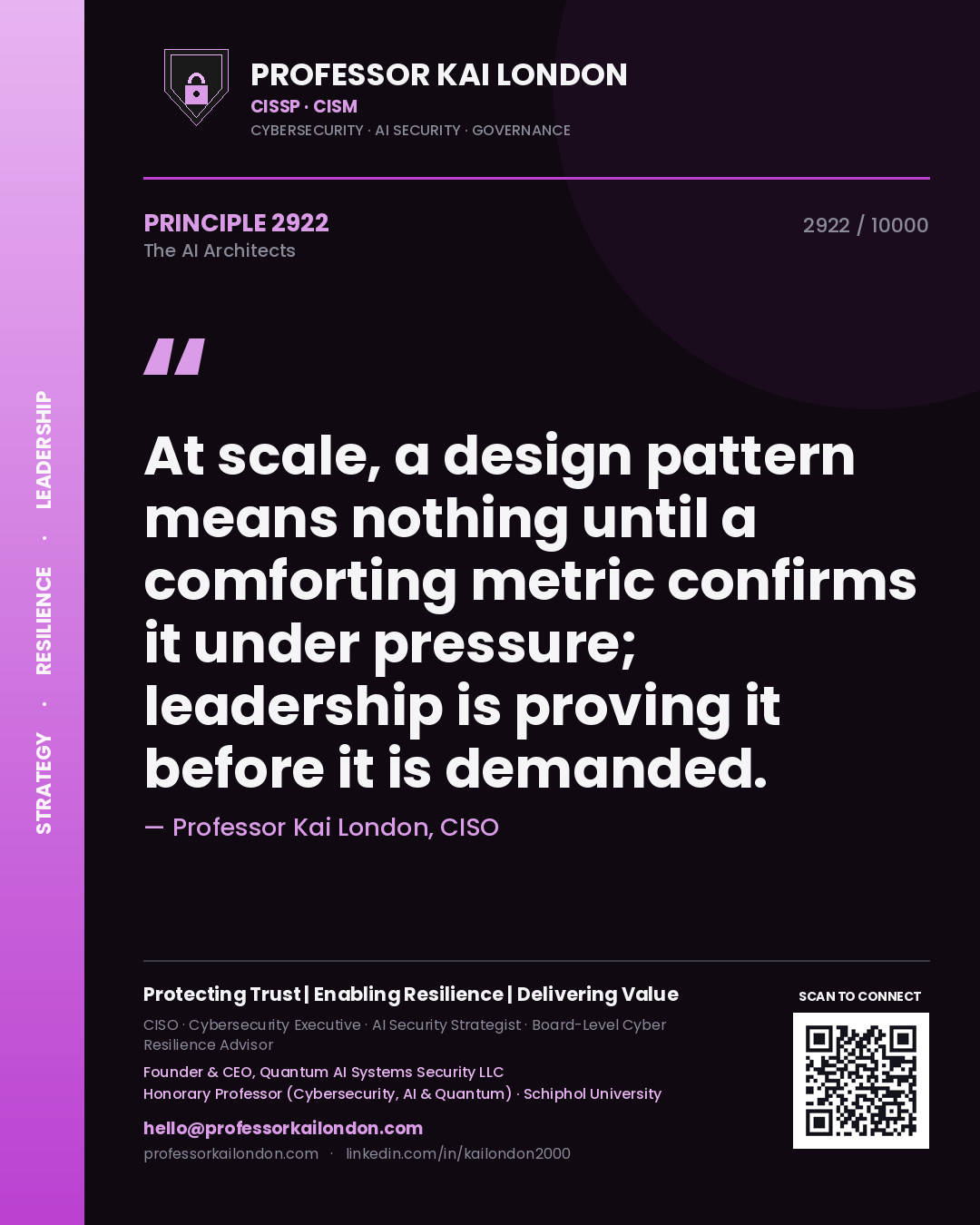 Professor Kai London principle 2922: At scale, a design pattern means nothing until a comforting metric confirms it under pressure; leadership is proving it before it is demanded.