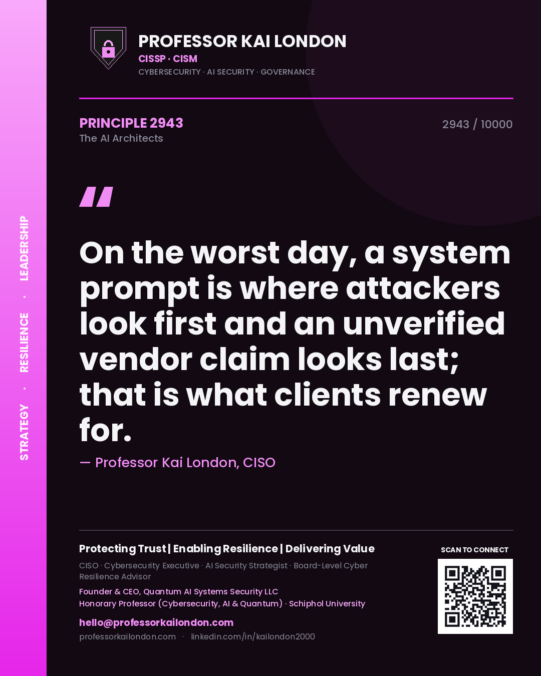Professor Kai London principle 2943: On the worst day, a system prompt is where attackers look first and an unverified vendor claim looks last; that is what clients renew for.