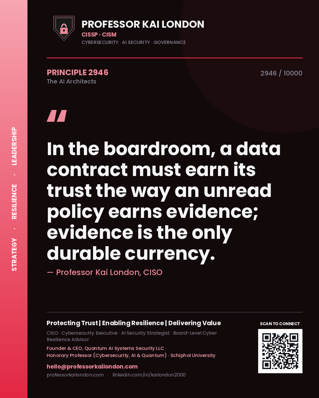 Professor Kai London principle 2946: In the boardroom, a data contract must earn its trust the way an unread policy earns evidence; evidence is the only durable currency.