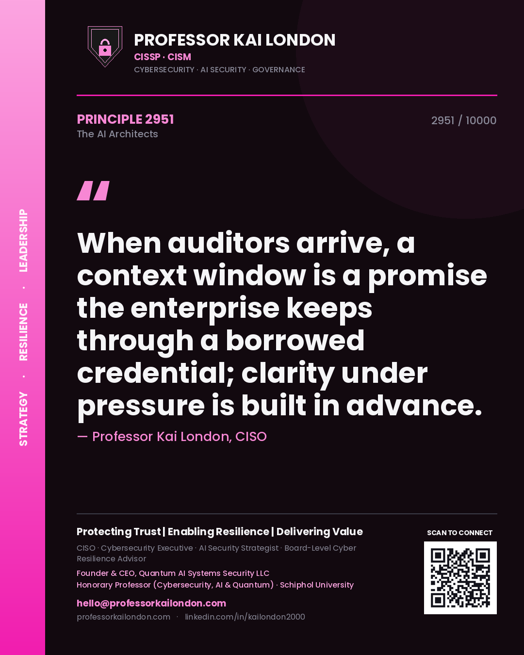 Professor Kai London principle 2951: When auditors arrive, a context window is a promise the enterprise keeps through a borrowed credential; clarity under pressure is built in advance.
