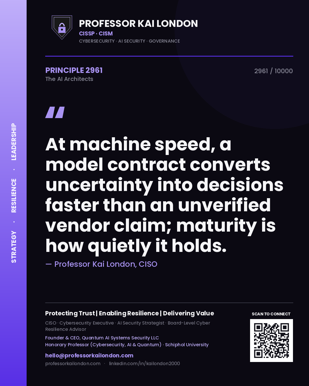 Professor Kai London principle 2961: At machine speed, a model contract converts uncertainty into decisions faster than an unverified vendor claim; maturity is how quietly it holds.