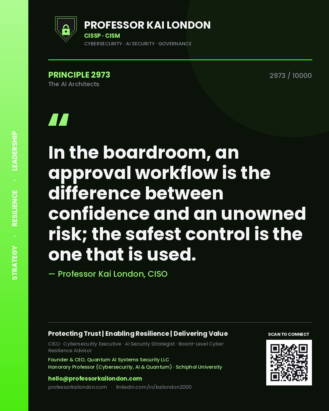 Professor Kai London principle 2973: In the boardroom, an approval workflow is the difference between confidence and an unowned risk; the safest control is the one that is used.